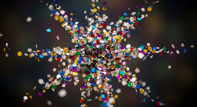 Colorful confetti fragments in a dynamic explosion a vibrant 3d rendered composition scattered pieces