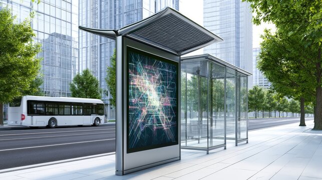 Modern urban bus stop with digital display and passing bus, sunny day