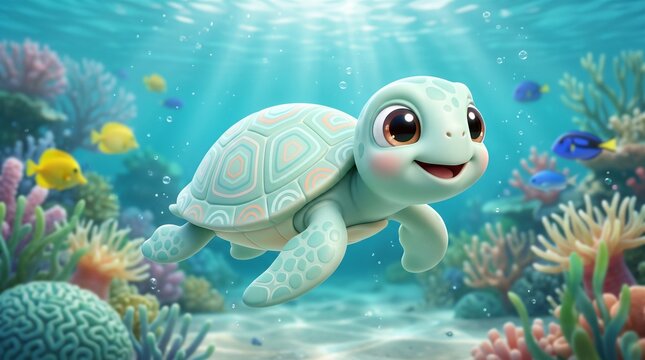 A cute baby sea turtle swimming underwater in a vibrant coral reef with colorful fish, bubbles, and soft sunlight rays filtering through the water
