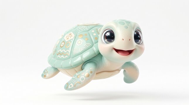 A cute baby sea turtle with a patterned shell and large expressive eyes, floating in a bright space isolated on a plain white background, 3d render