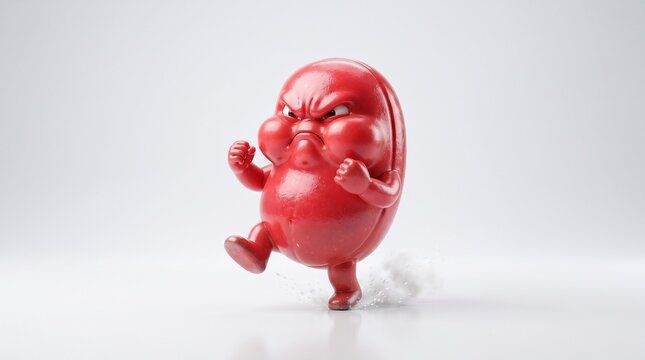 A small red bean-shaped character with an angry face and clenched fists kicking the ground, creating a small dust cloud on a white background