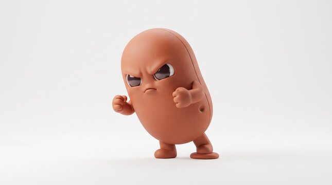 A small brown bean-shaped character with an angry expression and clenched fists standing on a plain white background, 3d character render