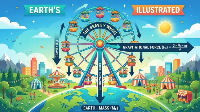 Educational poster featuring gravity wheel concept and gravitational forces on earth mass.