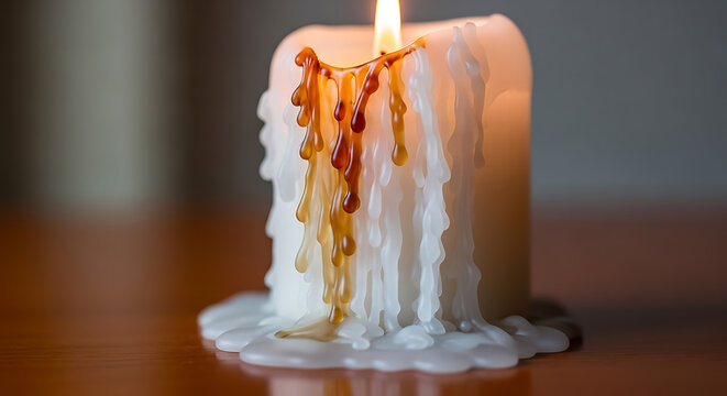 Melting candle with dripping wax and lit wick a close up photographic image burning