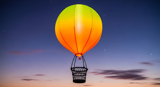 Colorful hot air balloon floats against a scenic twilight sky with wispy clouds aerostat
