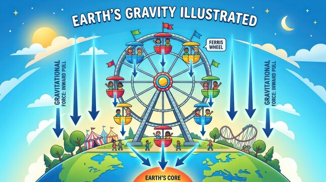 Science educational illustration of earths gravity showing inward pull toward planet core.