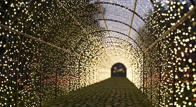Illuminated archway with string lights creates a tunnel effect scenic outdoor setting fairy illumination