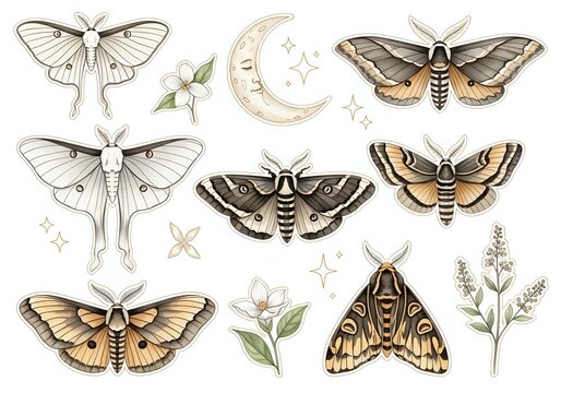 Isolated moth and butterfly collection with crescent moon and botanical elements on white background, suitable for clipart, textile design, and decorative applications.