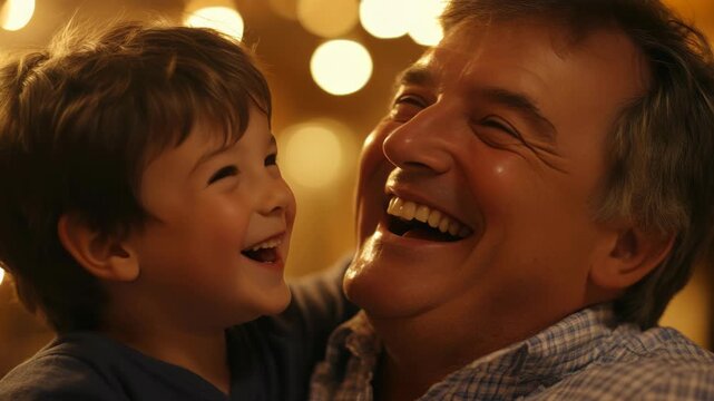 A heartwarming of a father holding his son close in laughter, capturing the essence of joyous family moments.