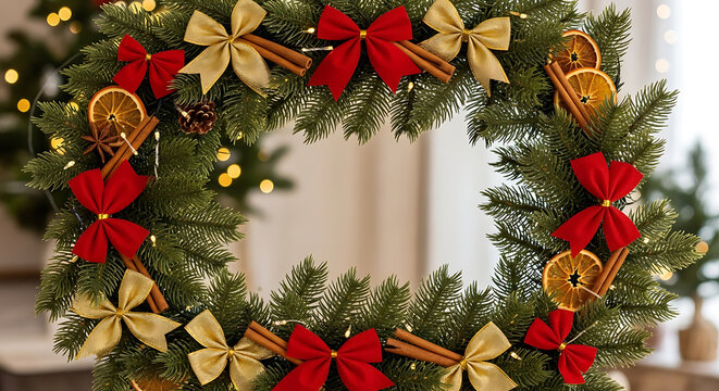 Evergreen wreath adorned with cinnamon sticks dried orange slices and red velvet bows scenic