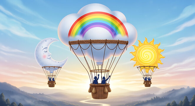 Hot air balloons with smiling sun moon and rainbow a colorful vector illustration balloon
