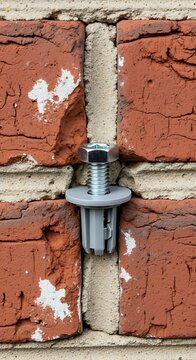 Metal Wall Anchor Bolt Installed Between Weathered Red Bricks in Masonry Wall