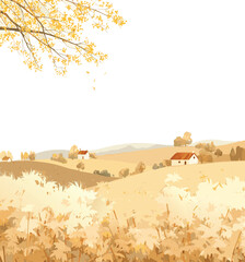 Fototapeta premium Autumn landscape vector illustration with rural houses and golden fields on white background