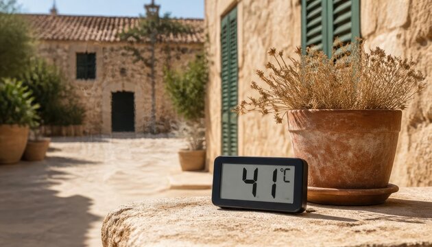 Digital thermometer showing high temperature of forty one degrees celsius in sunny village.