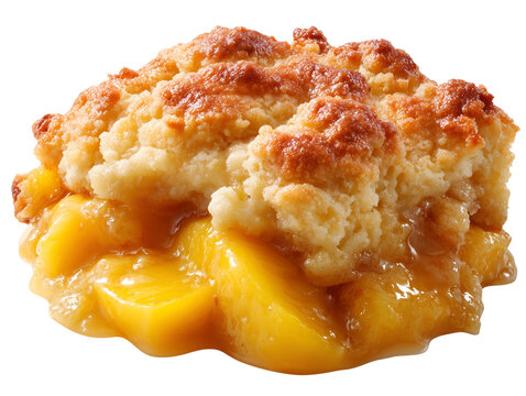 Warm homemade peach cobbler with juicy peach filling and golden biscuit topping, isolated on a white background.