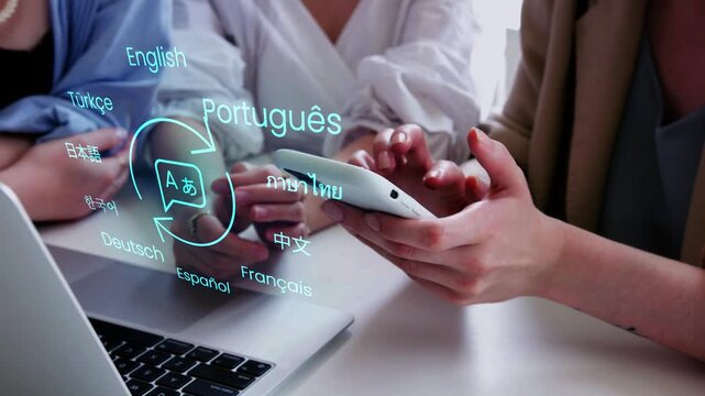 Innovative Language Translation with Mobile Technology. Group using smartphone app for multilingual communication with futuristic holographic displays.