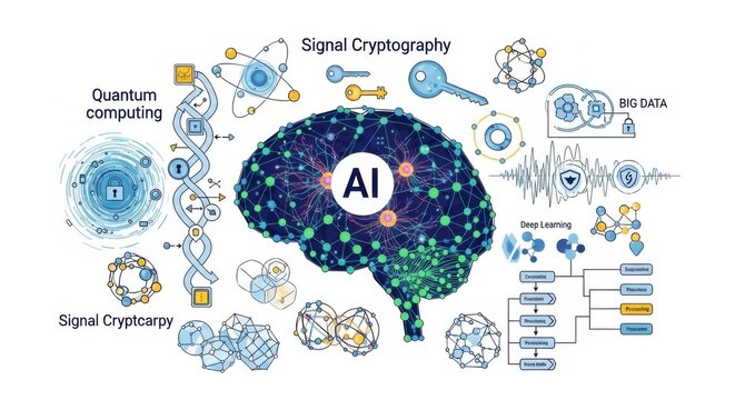 Artificial intelligence brain with quantum computing and signal cryptography elements