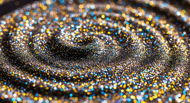 Glittering gold and blue particles create a textured shimmering surface with bokeh effects glitter