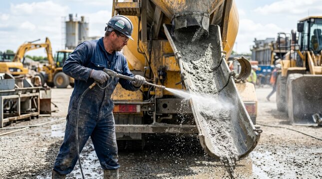 Washing away wet cement residue from a concrete mixer truck chute using a high-pressure water hose.