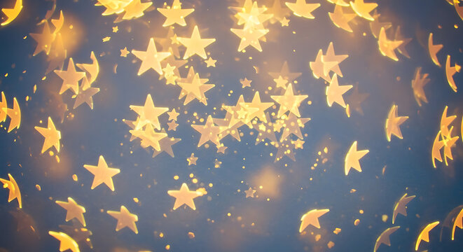 Golden star shaped bokeh lights against a blurred blue background a festive illumination stars
