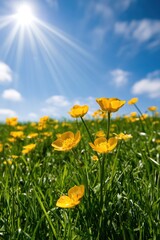 Obraz premium Vibrant yellow wildflowers bloom under a brilliant sun in a lush green meadow