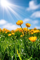 Fototapeta premium Vibrant field of yellow wildflowers bathed in bright sunlight under a blue sky