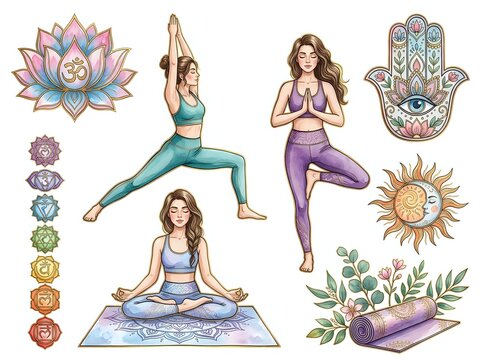 Yoga and meditation poses with chakra symbols and spiritual wellness elements for fitness, wellness, and mindfulness design projects.