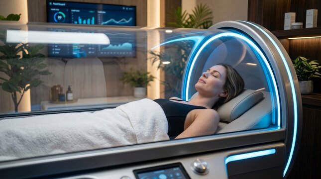 Wellness clinic interior featuring a woman undergoing hyperbaric oxygen therapy in a high-tech chamber.