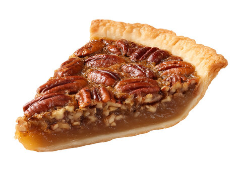 Slice of pecan pie with rich caramel filling and crunchy pecan topping, isolated on a white background.