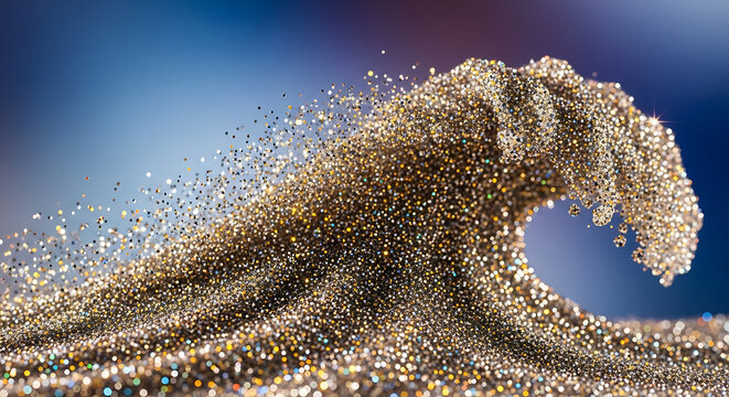 Golden wave formed from glittering particles a detailed photographic composition with a blue backdrop