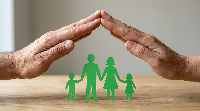 Hands protecting paper cutout family for life insurance concept