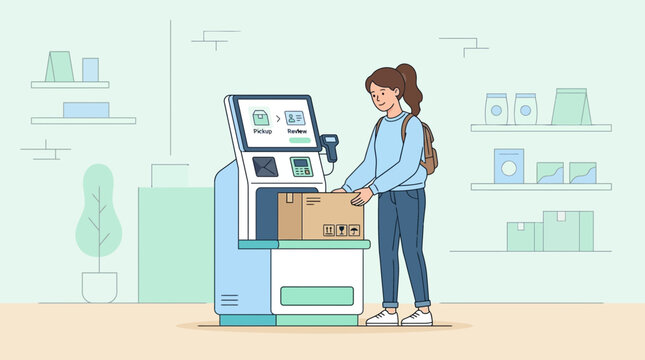 Woman using self-service kiosk to ship package, modern retail