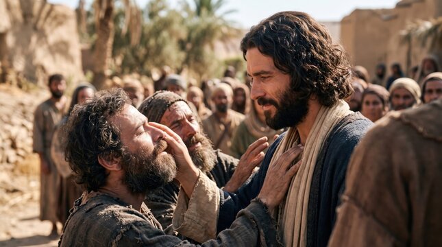 Jesus healing a blind man by touching his eyes in a crowd. Biblical scene showing a miracle of sight restoration. Ancient Middle Eastern setting depicting a spiritual faith encounter.