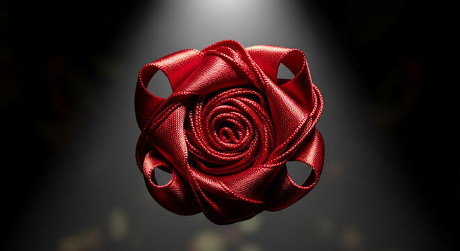 Red ribbon rose a tightly coiled floral ornament with a glossy sheen against a dark background