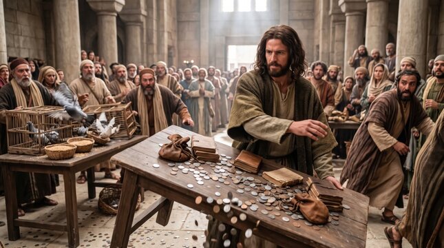 Jesus overturning money changer table in temple. Man cleansing holy place by driving out merchants and money lenders. Biblical scene of religious righteousness and social justice.