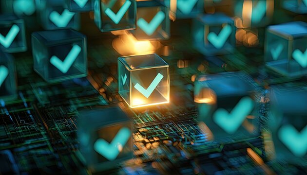 Illuminated cubes with green checkmarks float above a circuit board