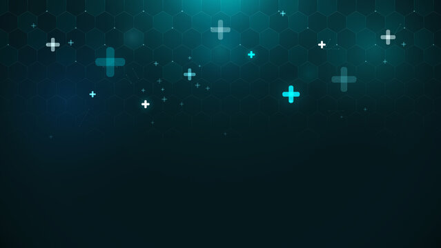 A futuristic medical background with floating cross icons and digital hexagonal patterns for health technology