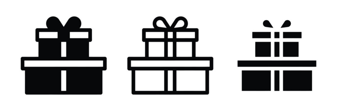 Gift boxes icon set. Stack of surprise present symbols for Christmas holiday celebration, birthday party greeting card decoration, commercial sale promotion black and white vector illustration