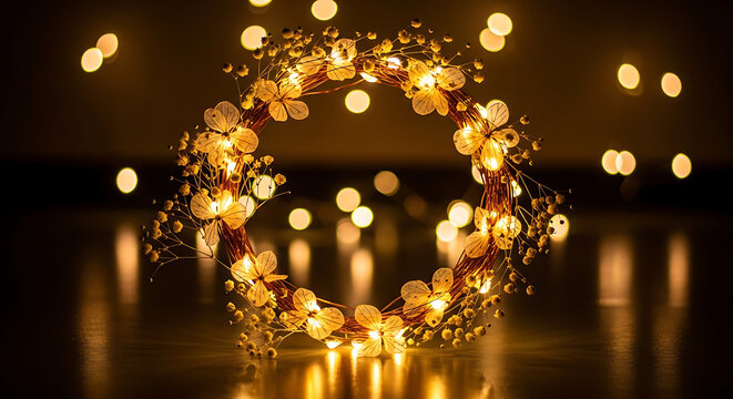 Floral wreath illuminated with string lights a warm toned decorative arrangement on a reflective surface