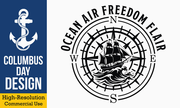 Ocean Air Freedom Flair - Vintage compass rose illustration with a sailing ship on ocean waves and nautical elements