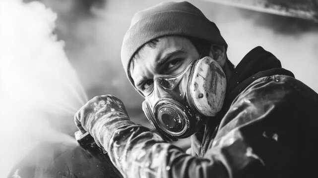 A worker wearing a mask and cap focuses on the task at hand.