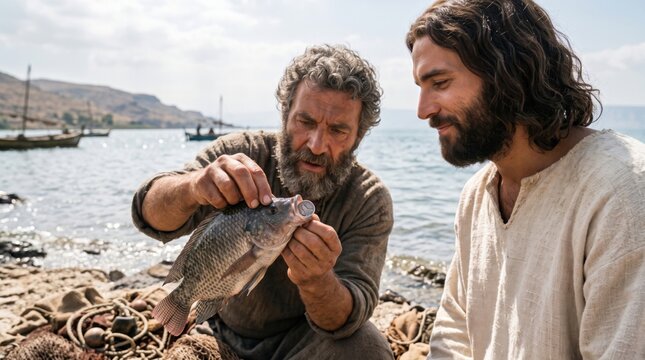Jesus and Peter the fisherman finding a stater coin in the mouth of a fish. Biblical scene from the Gospel of Matthew. Historical reenactment of the miracle at the Sea of Galilee.
