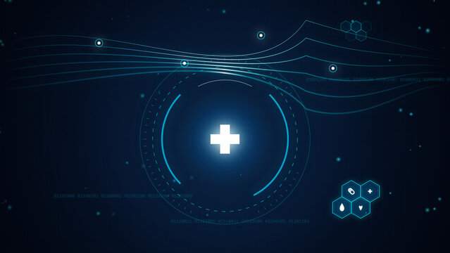Medical Technology Innovation Abstract Background Featuring Digital Data Flows and Healthcare Symbols on Dark Blue
