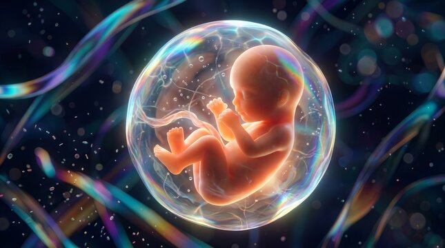 Digital art showing a developing fetus within an amniotic sac surrounded by vibrant light.