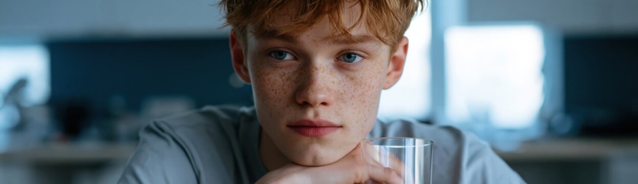 Teen boy with freckles holding a glass of water and looking thoughtful for youth wellness background and hydration banner design
