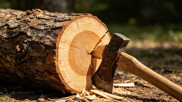 A wooden log cleanly split by an axe, revealing a fresh cross-section.
