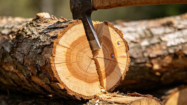 A wooden log cleanly split by an axe, revealing a fresh cross-section.