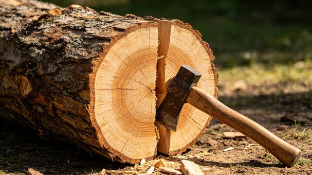 A wooden log cleanly split by an axe, revealing a fresh cross-section.