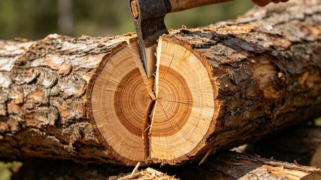 A wooden log cleanly split by an axe, revealing a fresh cross-section.