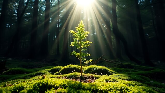 Young green tree sprout emerging from moss in sunlit forest with sunlight